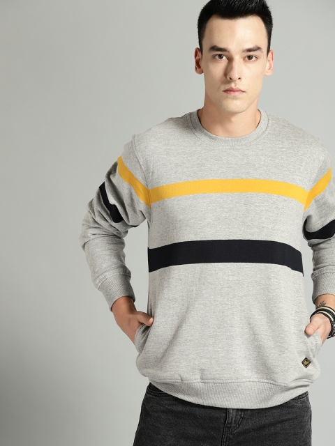 

Roadster Men Grey Melange Striped Sweatshirt