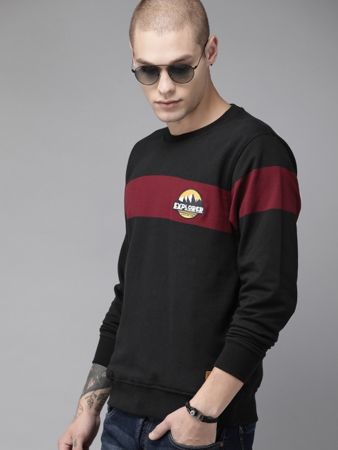 

Roadster Men Black & Maroon Colourblocked Embroidered Sweatshirt
