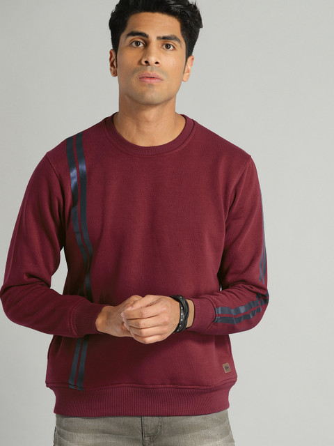 

Roadster Men Maroon Striped Sweatshirt