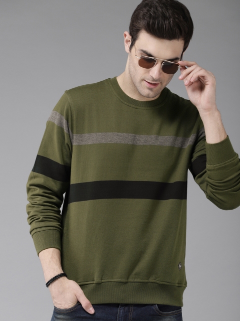 

Roadster Men Olive Green & Navy Blue Striped Sweatshirt