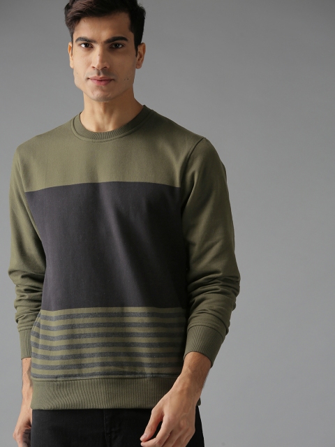 

Roadster Men Olive Green & Black Colourblocked Sweatshirt