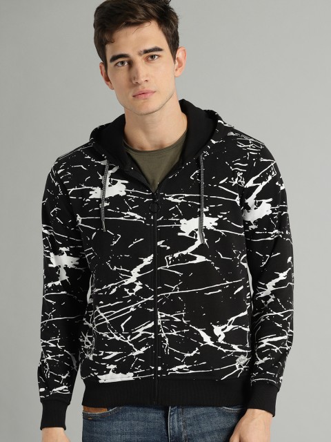 

Roadster Men Black & White Printed Hooded Sweatshirt