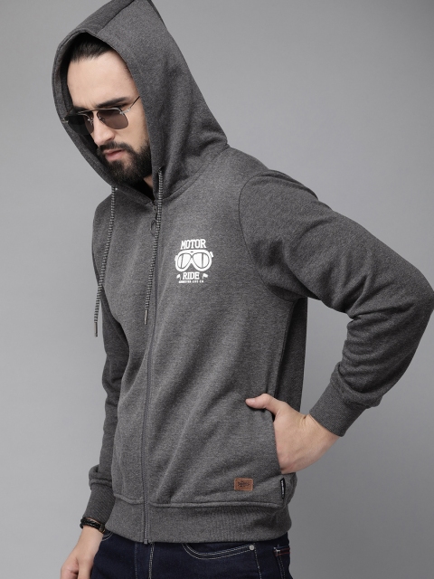 

Roadster Men Charcoal Grey Solid Hooded Sweatshirt