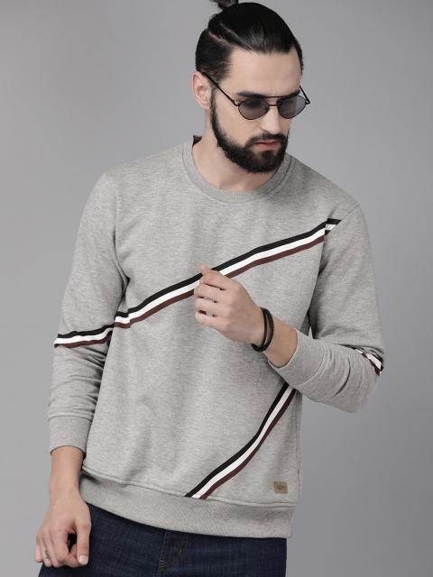 

Roadster Men Grey & White Striped Sweatshirt