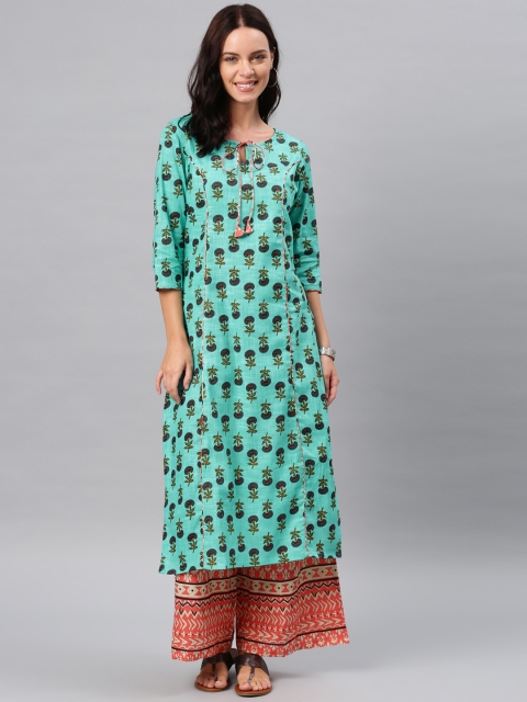 

Alena Women Green & Pink Printed Kurta with Palazzos, Turquoise blue