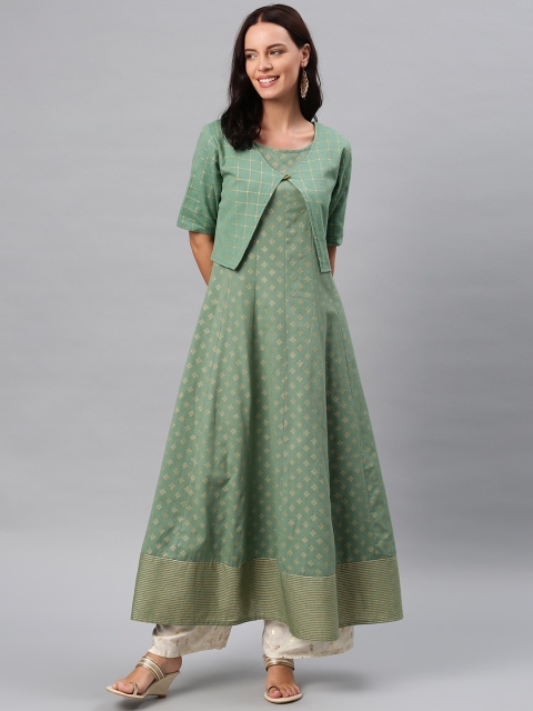

Alena Women Green & Gold-Toned Printed A-Line Kurta with Jacket