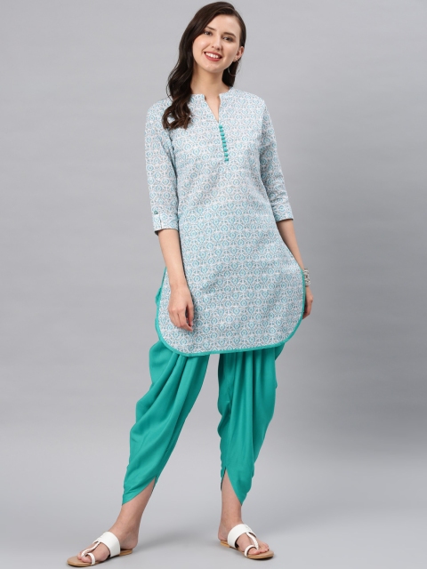 

Alena Women Off-White & Sea Green Printed Kurta with Dhoti Pants