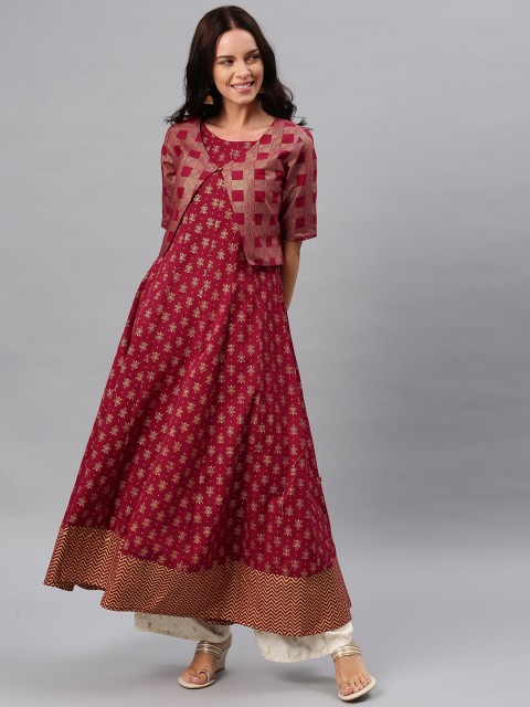 

Alena Women Maroon & Gold-Toned Printed A-Line Kurta with Jacket