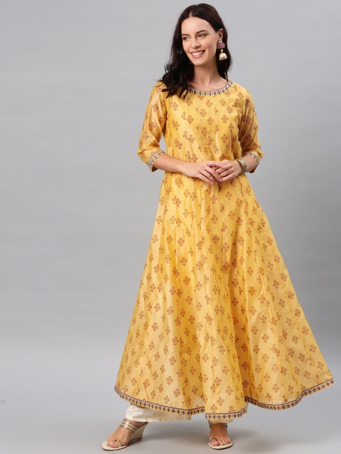 

Alena Women Mustard Yellow & Brown Embroidered A-Line Kurta