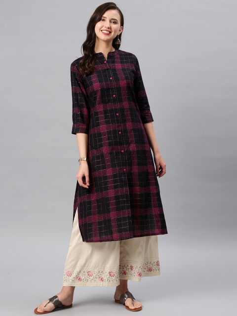 

Alena Women Black & Fuchsia Checked A-Line Kurta