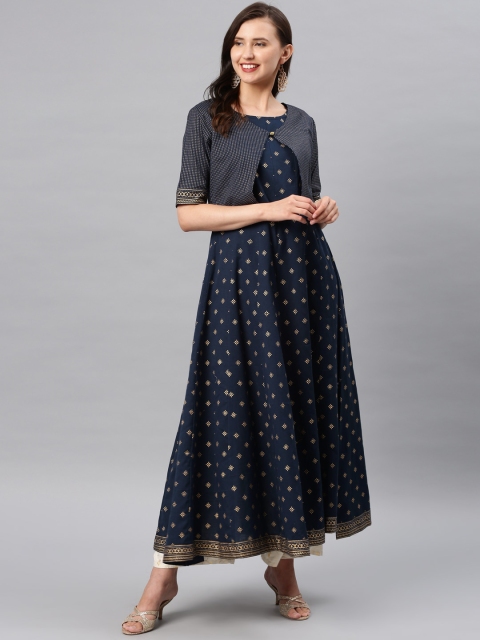 

Alena Women Navy Blue Printed Layered A-Line Kurta With Ethnic Jacket