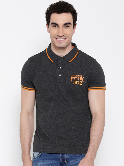 

French Connection Men Charcoal Grey Solid Polo Collar T-Shirt