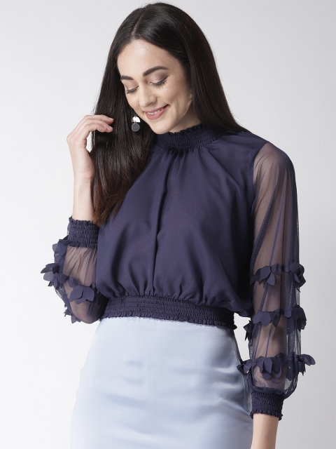 

plusS Women Navy Blue Solid Blouson Crop Top