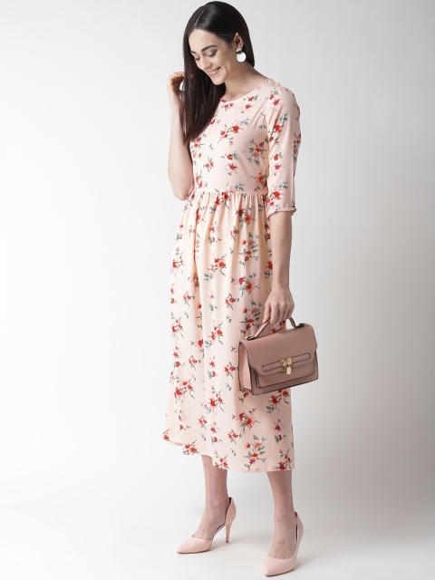 

plusS Women Peach-Coloured & Maroon Floral Print Fit & Flare Dress