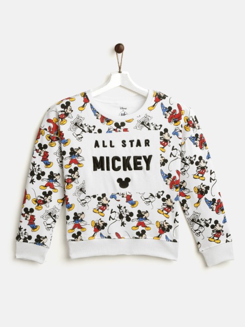 

YK Disney Girls White & Black Mickey Mouse Print Sweatshirt with Embroidered Detail