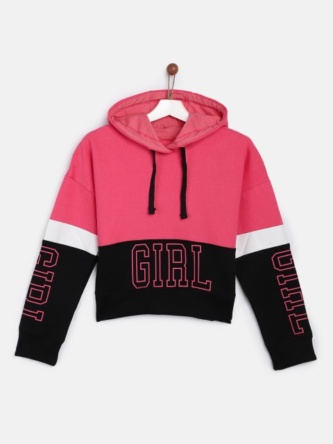 

YK Girls Pink & Black Colourblocked Hooded Sweatshirt