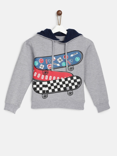 

YK Boys Grey Melange Printed Hooded Sweatshirt