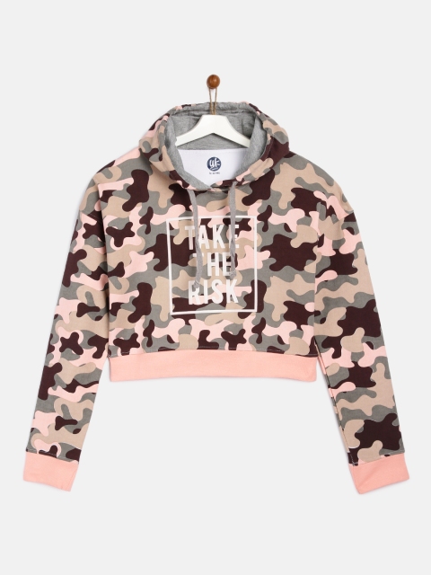 

YK Girls Camouflage Printed Hooded Sweatshirt, Green