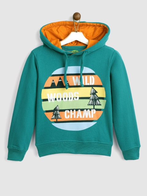 

YK Boys Teal Green Printed Hooded Sweatshirt