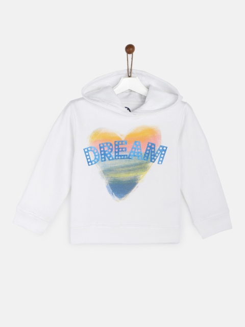 

YK Girls White Printed Hooded Sweatshirt