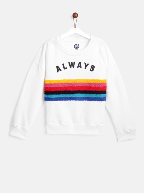 

YK Girls White & Blue Self-Striped Sweatshirt with Printed Detail