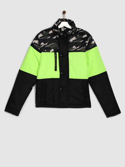 

YK Boys Black & Fluorescent Green Colourblock Printed Jacket