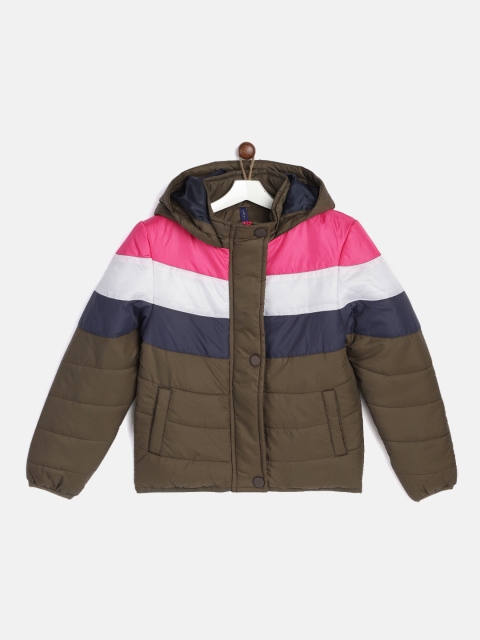 

YK Girls Olive Green & Pink Striped Padded Jacket