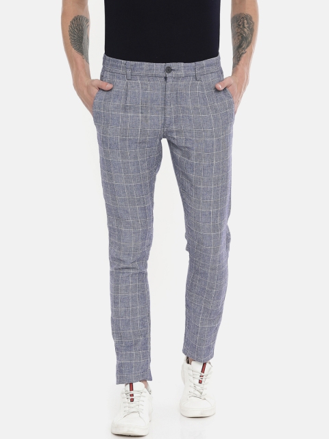 

Jack & Jones Men Blue & White Slim Fit Checked Regular Trousers