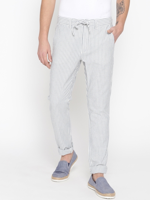 

Jack & Jones Men Off-White & Navy Blue Slim Fit Striped Regular Trousers