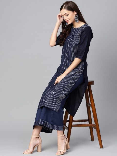 

Indo Era Women Navy Blue & Grey Embroidered Straight Kurta