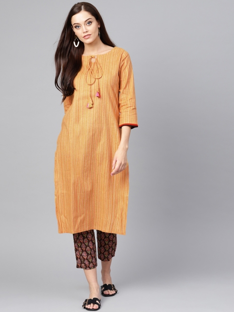 

Indo Era Women Mustard Yellow & Brown Striped Kurta with Trousers