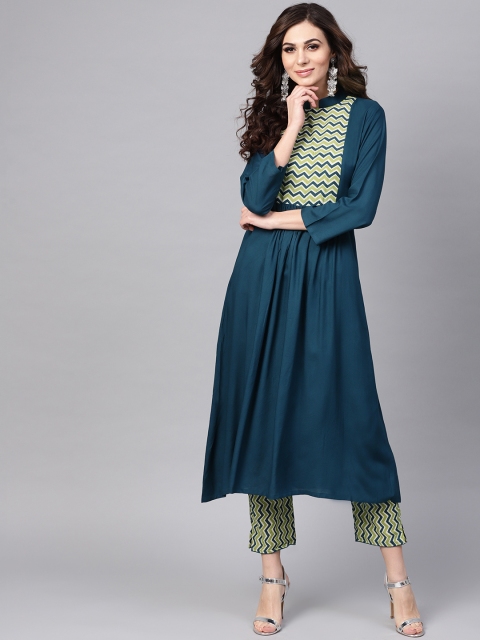 

Indo Era Women Teal Blue Yoke Design A-Line Kurta