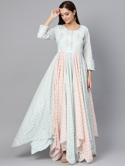 

Indo Era Women Blue & Pink Foil Print Asymmetric Anarkali Kurta