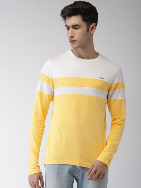 

The Indian Garage Co Men Yellow White Colourblocked Round Neck Pure Cotton T-shirt