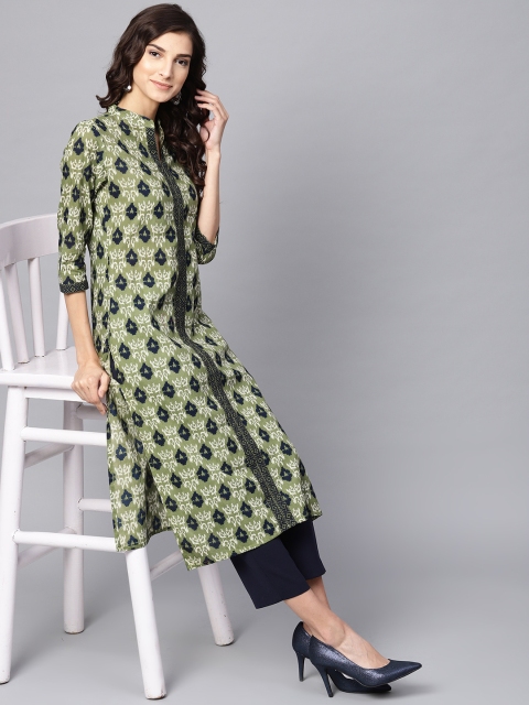 

Azira Women Olive Green & Navy Blue Printed Straight Kurta