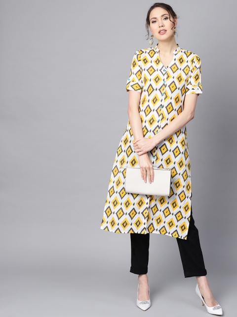 

Azira Women White & Yellow Printed Straight Kurta