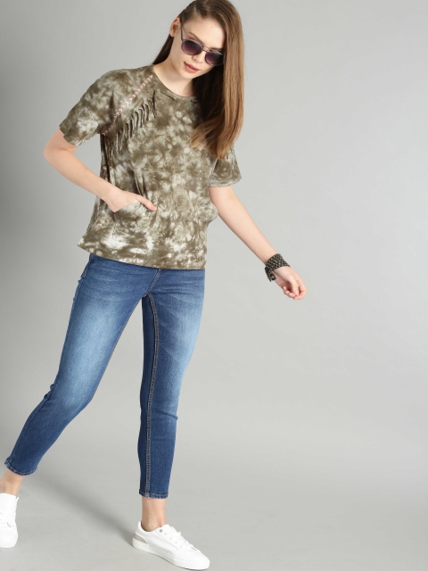 

Roadster Women Olive Green Dyed Round Neck T-shirt