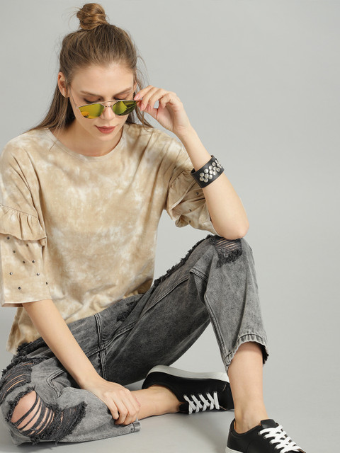 

The Roadster Lifestyle Co Women Beige Dyed Pure Cotton Top