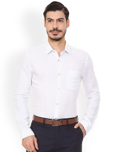 

Peter England Men White Slim Fit Solid Linen Formal Shirt