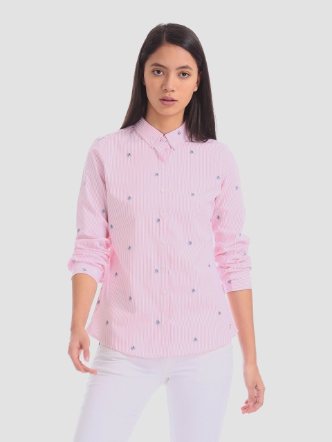 

U.S. Polo Assn. Women Pink & White Regular Fit Pinstriped Casual Shirt