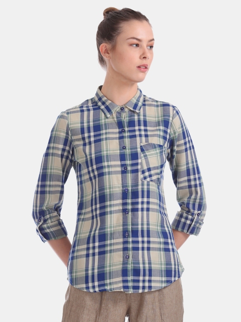 

U.S. Polo Assn. Women Women Blue & Beige Regular Fit Checked Formal Shirt
