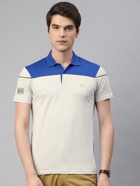 

Peter England Casuals Men Grey Melange & Blue Colourblocked Polo Collar T-shirt