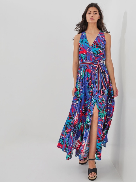 

promod Women Blue & Red Printed High-Slit Fit and Flare Maxi Dress
