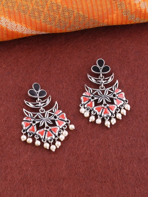 

Studio Voylla Oxidised Silver-Plated & Pink Floral Drop Earrings