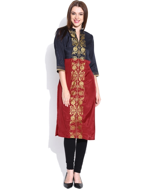 

W Navy & Maroon Printed Kurta, Navy blue