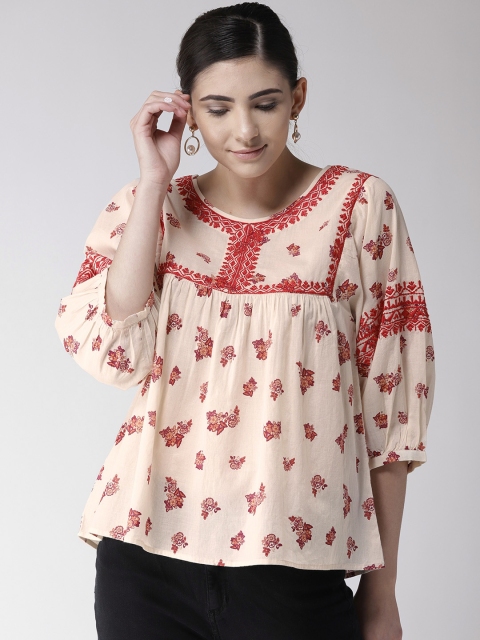 

Antheaa Women Red & Beige Printed A-Line Pure Cotton Top