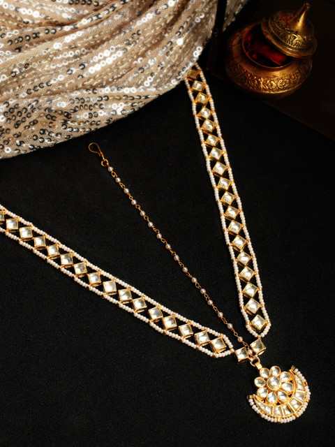 

Rubans Women Gold-Toned & White Kundan & Pearl Handcrafted Matha Patti