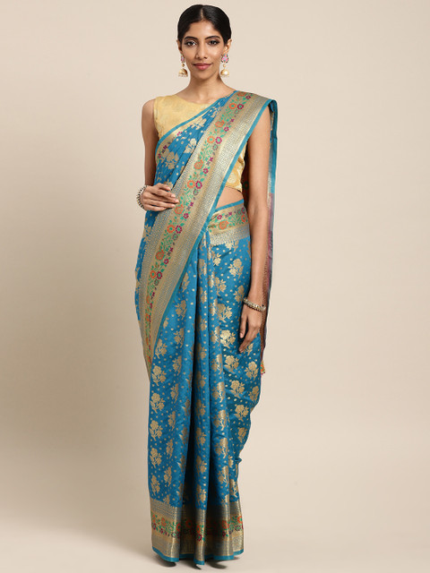 

Saree Swarg Turquoise Blue & Gold-Toned Silk Blend Woven Design Banarasi Saree