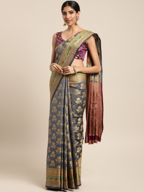 

Saree Swarg Charcoal Grey & Gold-Coloured Silk Blend Woven Design Banarasi Saree