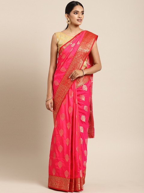 

Saree Swarg Coral Pink & Gold-Coloured Silk Blend Woven Design Banarasi Saree